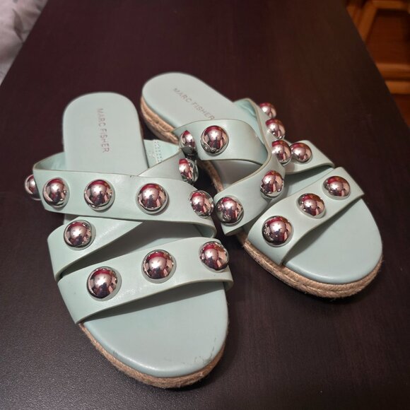 Marc Fisher Womens Bryte Round Toe Slip Sandals Robins Egg Blue Aqua - Picture 1 of 7